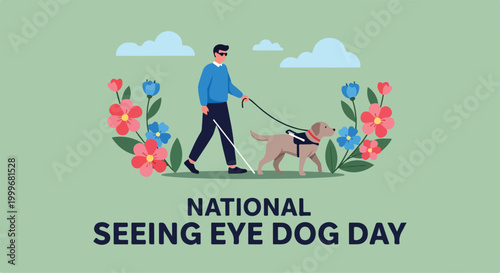 Man walking his dog in a park during daytime to celebrate National Seeing Eye Dog Day with colorful flowers and clear