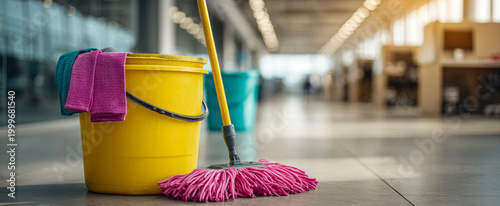 Cleaning tools placed in an office space with blurred workstations during the day