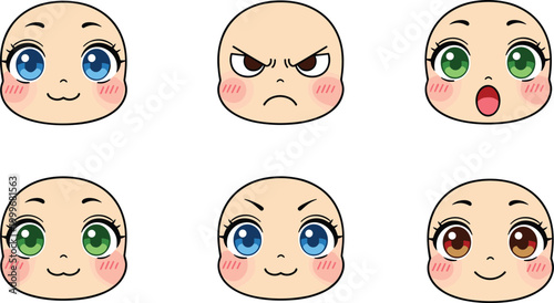 Vector illustration of cartoon faces with large eyes, blush cheeks, and varied expressions