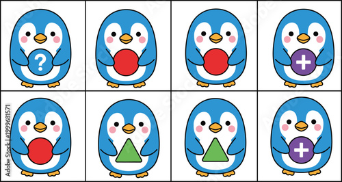 Vector illustration of cartoon penguins holding shapes and symbols in a logic puzzle pattern