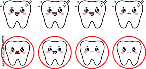 Vector illustration of cartoon teeth showing healthy smiles versus unhealthy dental problems