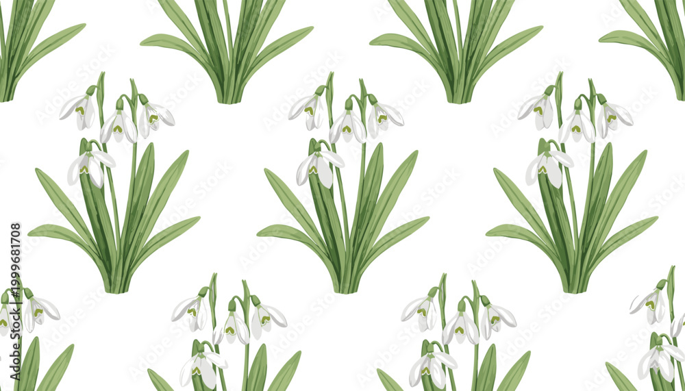 Obraz premium Vector illustration of repeating snowdrop flower pattern with white blossoms and green leaves