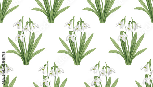 Vector illustration of repeating snowdrop flower pattern with white blossoms and green leaves
