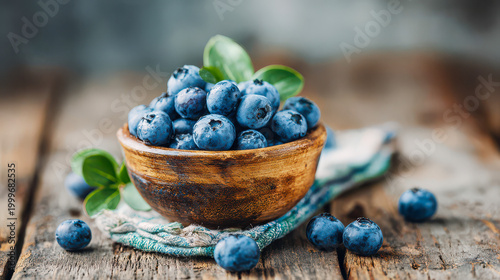 Fresh blueberry bowl on wooden table with cloth and scattered berries