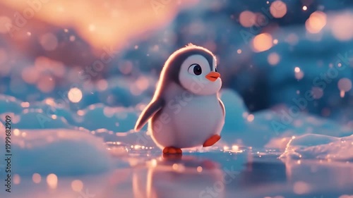 Adorable Baby Penguin Standing on Ice at Sunset.