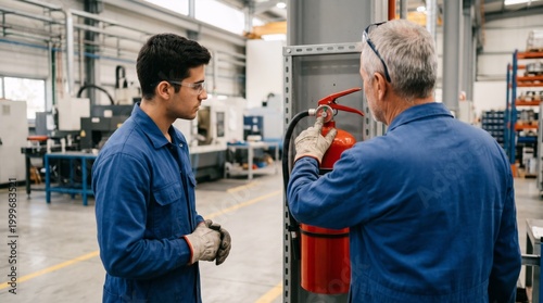 Experienced mentor and student checking fire extinguisher in factory. Industrial safety training for young engineer. Workplace fire protection inspection and compliance protocol.