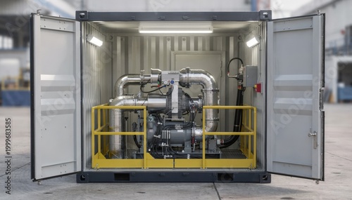 Medium shot of a compact waste heat to power turbine housed in a containerized unit highlighting industrial efficiency and portable energy solutions.