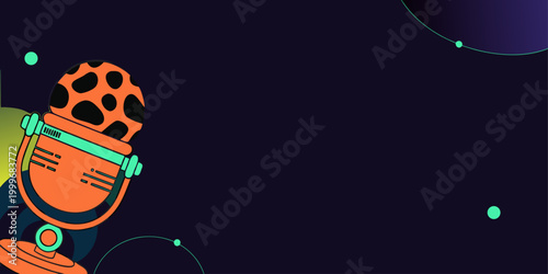Neon Podcast Microphone Illustration with Glowing Lights on Dark Background