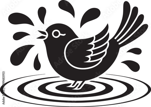 A black and white illustration of a bird standing in a puddle with water splashes isolated on white background
