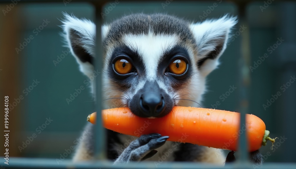 Obraz premium Ring tailed lemur with big orange eyes eats carrot held in paw through cage bars. Primate in zoo enclosure enjoys healthy snack. Cute wild animal portrait.