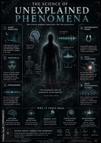 Dark educational infographic exploring scientific explanations for paranormal experiences with ghostly figure, brain diagrams, EMF waves, and eerie cyan data visuals.