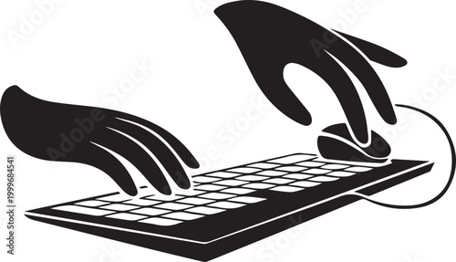 Black silhouette of two hands interacting with a computer keyboard and mouse on a white background