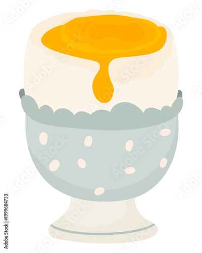 Soft boiled egg served in egg cup with runny yolk. Simple breakfast food, protein rich meal, minimal illustration isolated on white