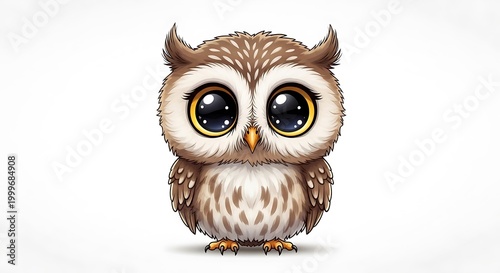 Cute cartoon baby owl with big eyes, perched, isolated on white background