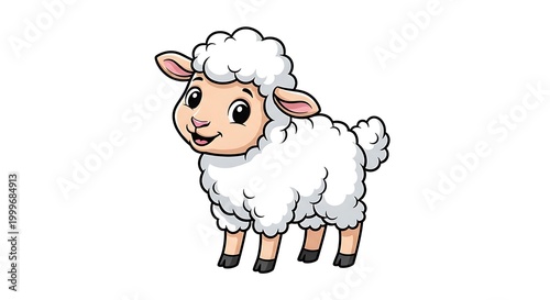 Cute cartoon baby sheep fluffy wool, smiling, isolated on white background