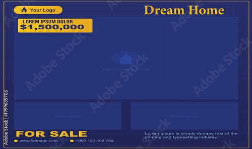 Professional real estate flyer template for property sale featuring a dark blue theme with yellow accents including placeholders for main property interior and exterior photos with pricing and contact