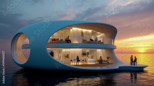 A floating house on a floating platform in the middle of the ocean