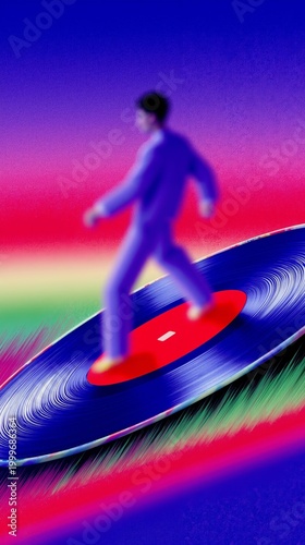 A man walking on a record with a rainbow in the background