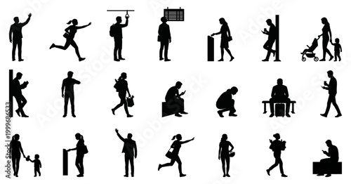 Urban commuters silhouettes in transit poses | everyday people walking and traveling | vector public transportation icons