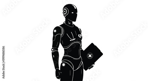 Humanoid robot silhouette holding a digital tablet representing futuristic healthcare or data management assistant.