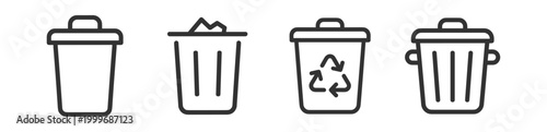 trash can icon set line art illustration of waste and recycling bins on transparent background