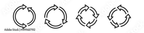 set of four black line vector reload icons with arrows in circular motion on transparent background