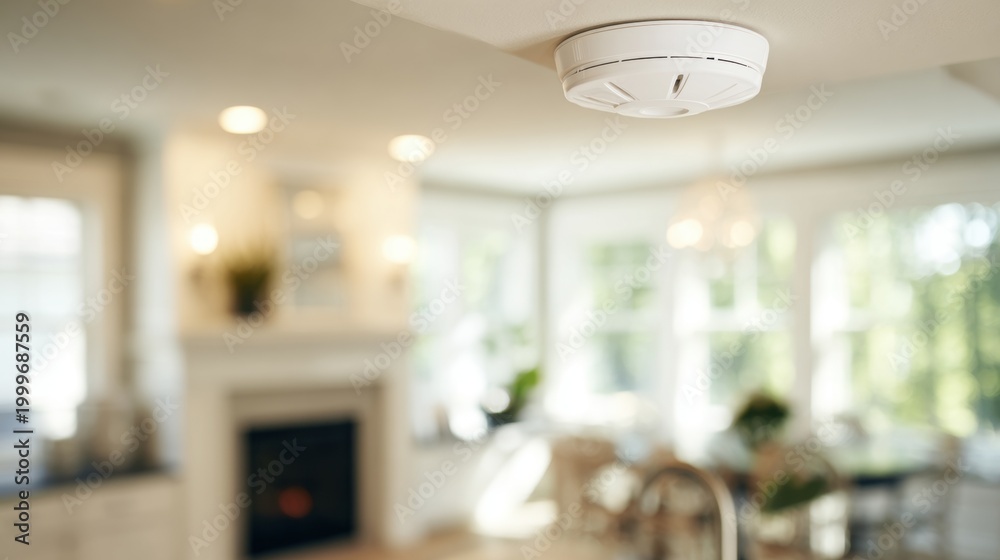 Naklejka premium Smoke alarm in modern kitchen during daytime with bright windows and fireplace