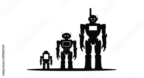 Three robotic figures family standing together in black silhouette on white background technology and artificial intelligence concept