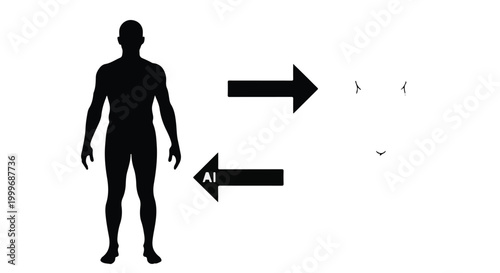 Silhouette of person with arrows pointing in opposite directions on white background, symbolizing choices, decisions, or conflicting directions in life, business, or career