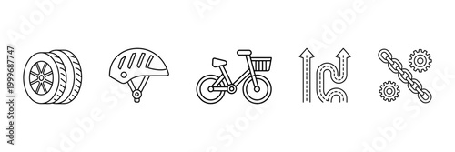 Minimal cycling icon set including wheel, helmet, bicycle, repair tools and directional arrows, thin line symbols.
