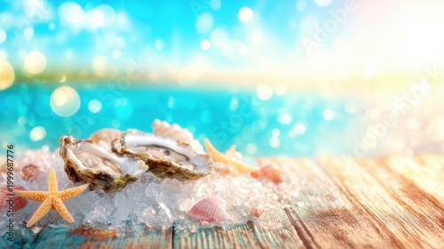 Fresh oysters on ice with seashells by the beach during sunny weather