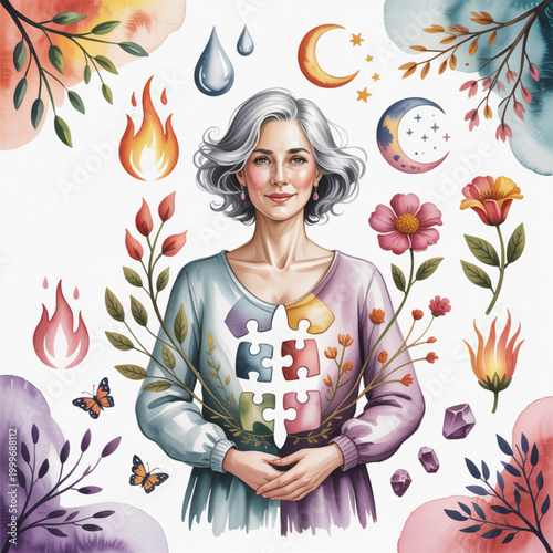 Woman Holding Puzzle Pieces Smiling.