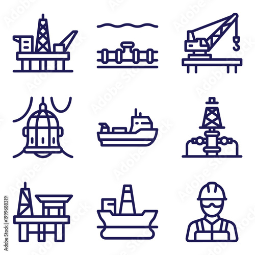 Offshore Oil Rig and Marine Operations Icons Set — Platform, Crane, Tanker, Engineer, Subsea Outline Vector
