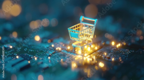 Shopping cart on a circuit board with lights at night