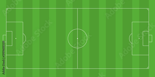 Clean top down illustration of a soccer field with green striped grass and white markings. Ideal for sports themes, backgrounds, strategy visuals, and football related designs.