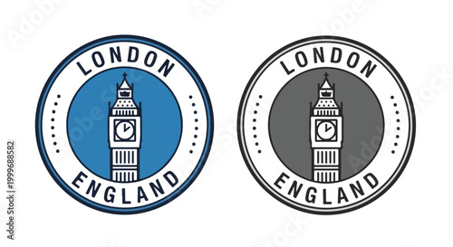 Two circular London England stamps featuring the iconic Big Ben clock tower in blue and gray color schemes