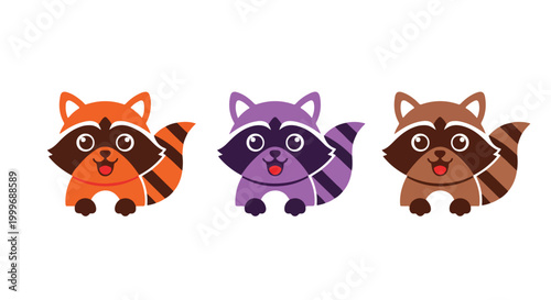 Cute cartoon raccoons with expressive faces and colorful fur standing in a row on a plain background