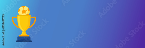 Bright illustration of a golden trophy topped with a soccer ball on a smooth blue to purple gradient background. Ideal for sports awards, victory themes, and competition designs.