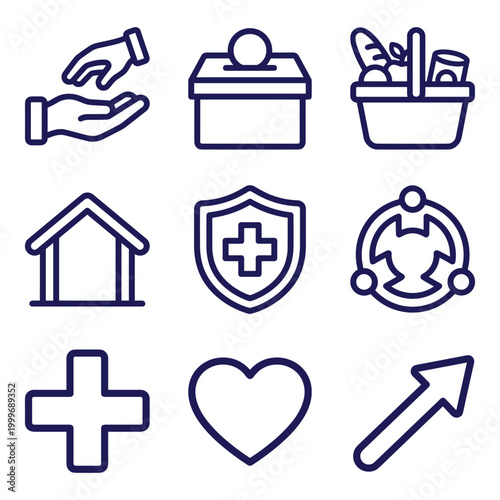 Fotografía Community Social Welfare Icons Set — Charity, Home, Health Shield, Heart, People