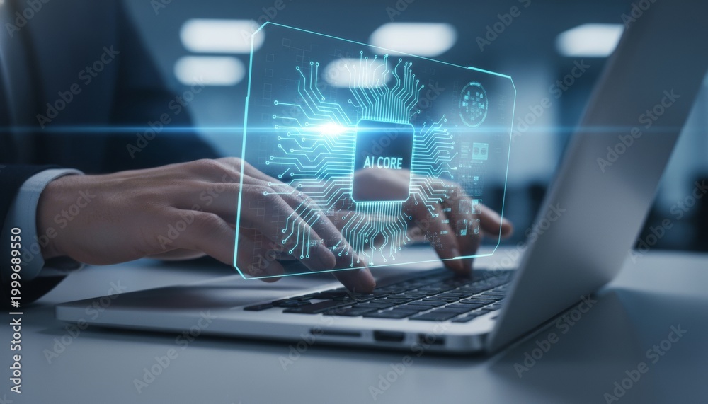 Fototapeta premium Business professional working with futuristic ai core interface on laptop