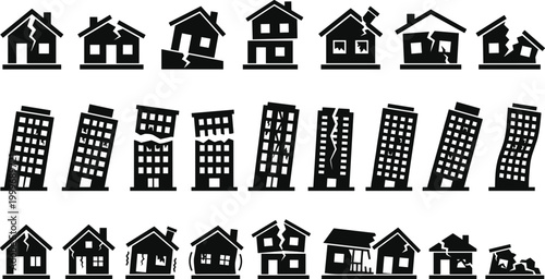 Silhouette icons of collapsing houses and buildings showing earthquake destruction and structural failure