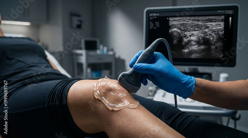 Medical Professional Performing Ultrasound Scan On Patients Knee In Clinic For Diagnostic Procedures ,Ultrasound Scan and Medical Imaging Diagnostic Procedure, sonography 