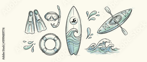 Water Sport Illustration Set: Fins Snorkel Buoy Surfboard Kayak and Waves