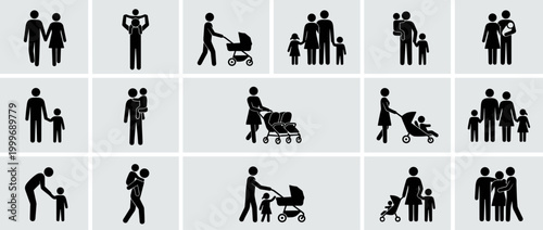 Set of icons representing modern family life and parental care