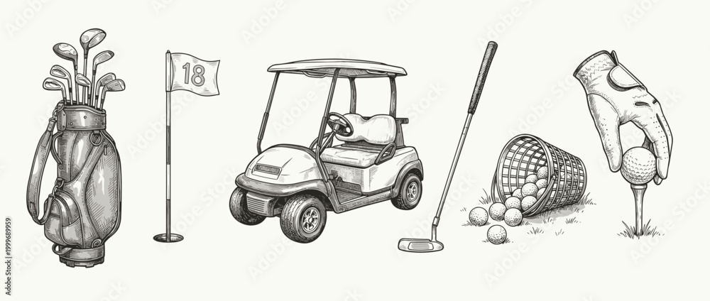 Obraz premium Finely detailed vintage style golf equipment hand drawn illustration