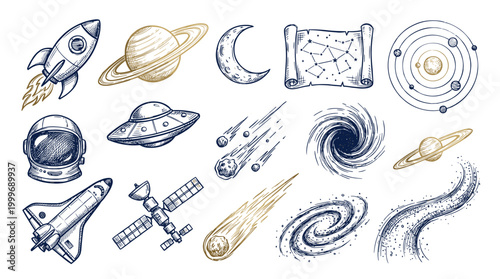 Cosmic Voyage: Hand-Drawn Space Elements Vector Illustration Set for Exploration