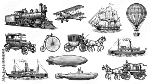 Vintage Transportation Engravings: A Historical Collection of Travel Methods