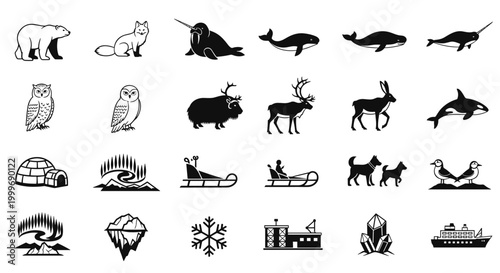 Arctic North Pole life with various animals landscapes and travel elements line art