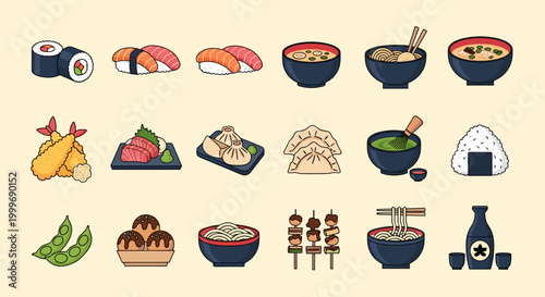 A vibrant assortment of delightful Asian food icons showcasing various traditional dishes