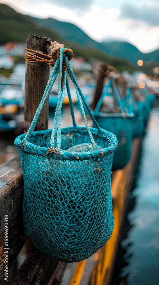 Fototapeta premium Closeup of vibrant turquoise fishing nets filled with catch, hanging from weathered wooden posts on pier with blurred coastal town and mountains in background, evoking sense of maritime activity and t
